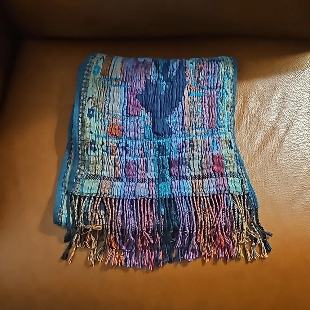 VTG Handwoven Turquoise Multi-color Rainbow Crinkle Fringe Scarf